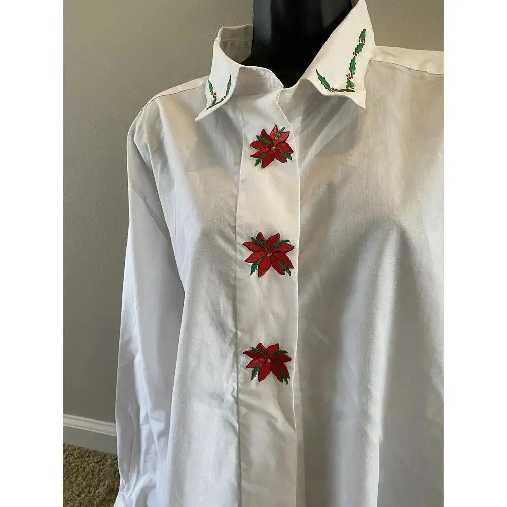 Orvis Vintage Womens Size 20 XL White Christmas Cotton Shirt Blouse Poinsettia - Picture 3 of 10